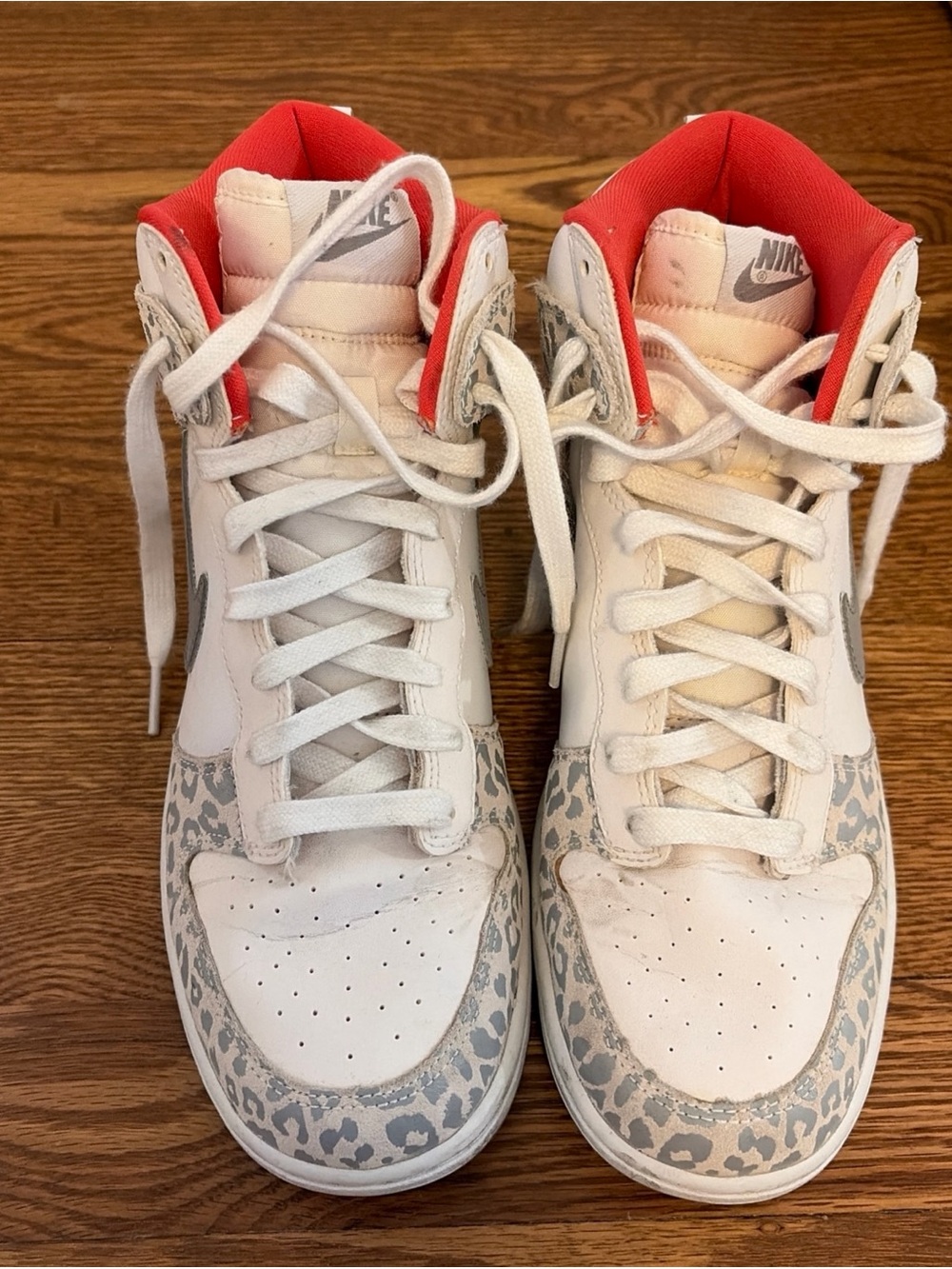 Nike White High-Top Sneakers with Coral Lining and Gray Leopard Accents